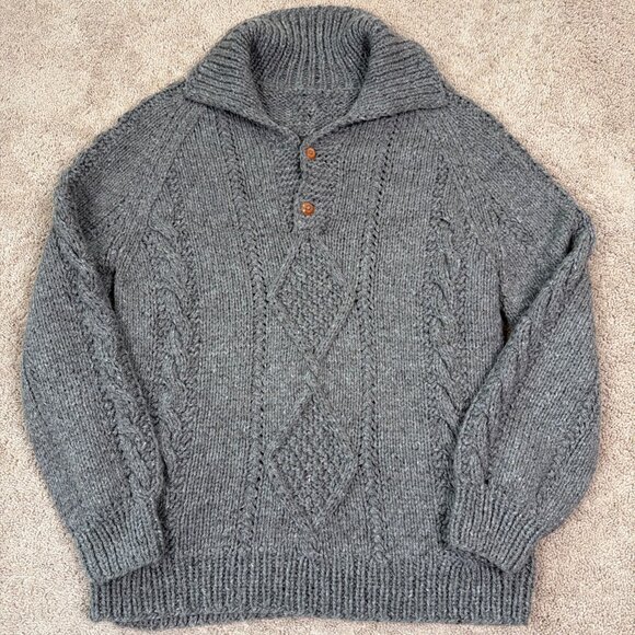 Vintage Fisherman Sweater Mens XL Gray Cable Knit Old Money Irish Wool Grandpa
